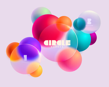 3D colorful circles and balls in glass morphism style. Transparent geometric shapes on white background.