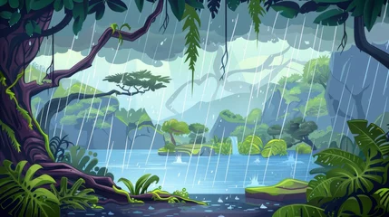Foto op Canvas Flowing rain in tropical forest with lake. Modern cartoon illustration of tropical rain in jungle wood with exotic plants, liana vines on tree branches, dull cloudy sky. Suitable for adventure game © Mark