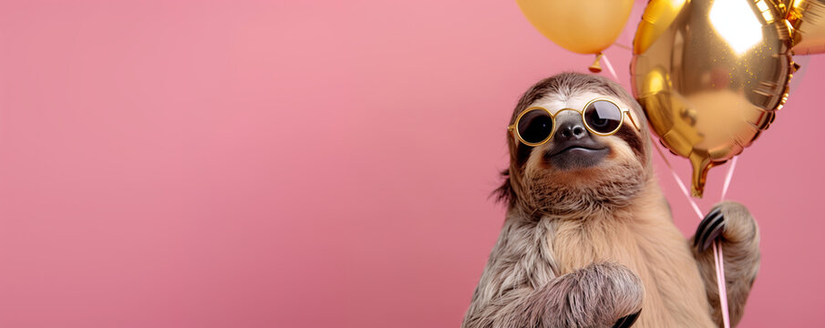 Funny birthday card, sloth with glasses holding golden foil balloons decorations celebrating party, pastel pink copy space background.