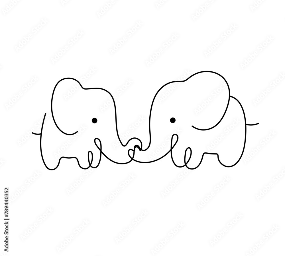 Wall mural vector isolated two elephants kiss with trunks side view one single contemporary line colorless blac