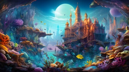 Fantasy underwater world with fishes, coral reef and a fantasy castle