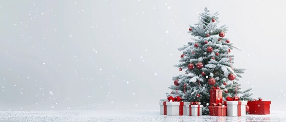 Rendering of a 3D Christmas tree on a white background with red gift boxes.