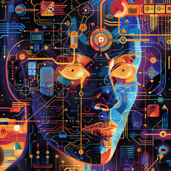 Colorful digital art of a stylized human face with circuit elements.