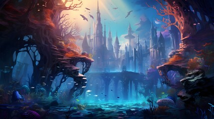 Digital painting of a fantasy landscape with a fantasy castle and a pond