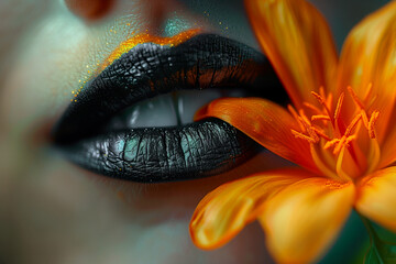 Close up of female black lips with bright exotic golden flower, female beauty concept
