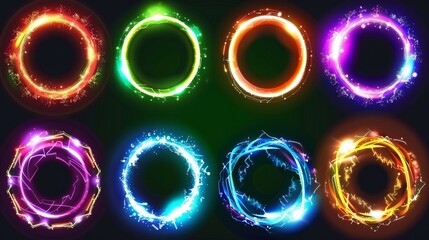 Fantastic portal with glowing neon effect. Modern illustration set of colorful glowing neon rings for traveling in space or time. Luminous teleportation technology.