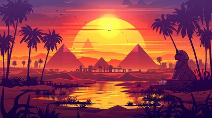 An Egyptian desert landscape with an oasis during sunrise or sunset. Cartoon modern landscape with palm trees and lakes on the skyline with pyramids and a sphinx. African summer scene with sand. - obrazy, fototapety, plakaty