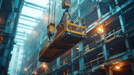 Obraz premium Steel hook crane constructing metal building.generative ai