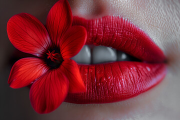 Close up of female red lips with bright flower, female beauty concept
