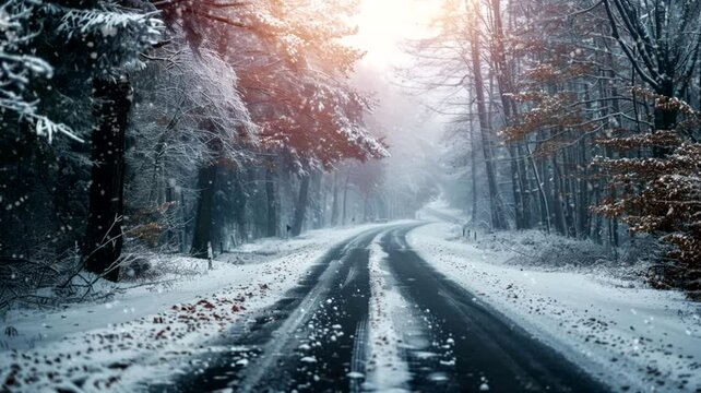 Winter road in the forest animation video looping motion