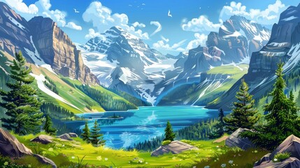 Beautiful alps valley with sea shore to explore and overlook with mountain lake in forest landscape modern illustration. Summer river water and pine trees green scenery.