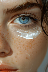 Macro close up of a beautiful woman's face with white cream applied under the eyes, home and professional skin care concept
