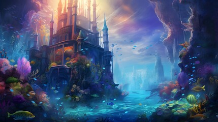 Fantasy fantasy landscape with fantasy castle and pond. Digital painting.