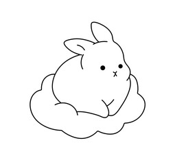 Vector isolated rabbit hare bunny on a cloud colorless black and white contour line easy drawing