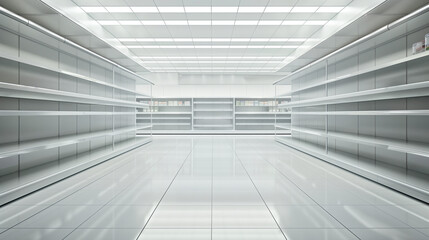 Modern empty supermarket interior with white shelves.