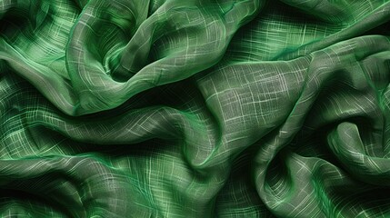 A green fabric with a pattern of lines and swirls. The fabric is very soft and has a shiny appearance