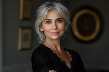 Fototapeta premium Woman With Grey Hair and Black Top. Generative AI