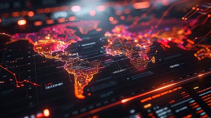 A futuristic display of interconnected data flows with holographic elements hovering over a digital map of the world, illustrating global connectivity.