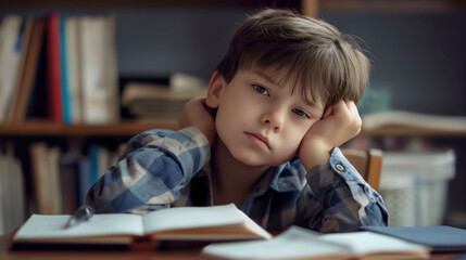 Stressed young pupil student, exhausted and frustrated preschool boy sitting at a desk or table in his room, studying. Paper notebooks open, homework deadline, worried and sleepy toddler kid or child