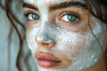 Macro close up of a beautiful woman's face with freckles and strokes of a white cream mask applied to the skin, home and professional skin care concept