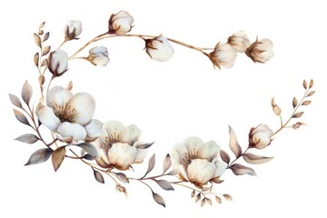 Beautiful wreath of cotton flowers and leaves, perfect for wedding invitations or spring decorations - obrazy, fototapety, plakaty