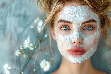 Beautiful woman's face with white cream mask applied to the skin, home and professional skin care concept. Copy space