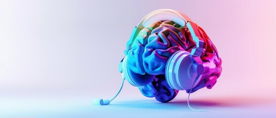 Three-dimensional rendering of a colorful brain with a headphone set against a white bright background. Creative idea concept.