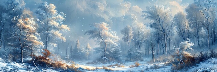 Frosty Winter Forest A panoramic view of a forest blanketed in snow, the trees frosted over and the air crisp and clear