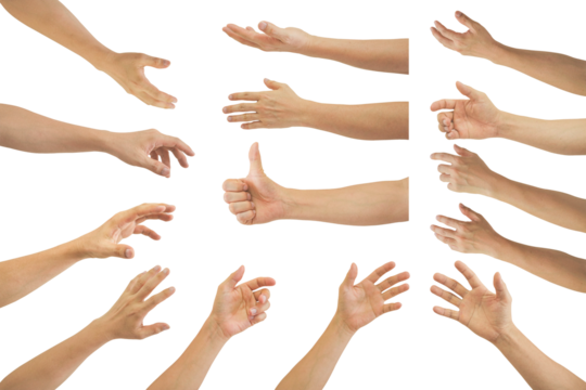 Set of young man's hand different gesturing, Isolated on transparent background. PNG File - Powered by Adobe
