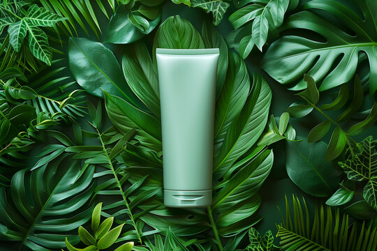 Light green cream or lotion mock up bottle on summer exotic plants background with palm leaves. Space for text