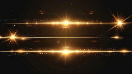 Light fade effect on a horizontal golden line. Realistic modern illustration of a glowing flare burst, with multicolored neon flashes on a transparent background.