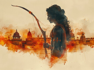 Watercolor illustration of Ram Navami with Lord Rama. Shree Ram Navami festival, image for social media.