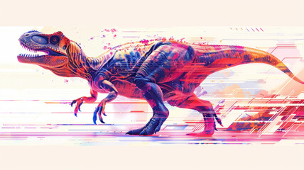 Playful dinosaur in a digital glitch art style, featuring distorted shapes, pixelation, and vibrant glitch effects,generative ai