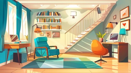 An interior design of a modern home shows an armchair and a working space, books on the shelves, a computer at the desk, a staircase leading upstairs, and daylight streaming in through the windows.