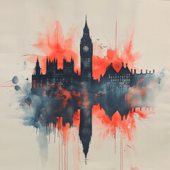 United Kingdom, Big Ben, water color painting, generative AI - obrazy, fototapety, plakaty