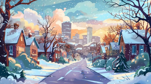 The winter street of a suburban town against the background of a big city. Cartoon illustration of houses in a rural alley, trees and bushes covered in snow, modern skyscrapers on the horizon.