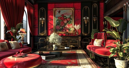 3D render of a Ruby-colored Hollywood Regency lounge with glamorous decor - obrazy, fototapety, plakaty