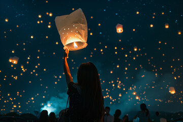 Obraz premium Asian people releasing Chiang Mai lanterns into the sky, making a breathtaking spectacular view at the Night Sky Lantern Festival.