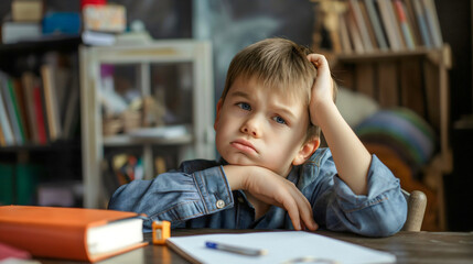 Stressed young pupil student, exhausted and frustrated preschool boy sitting at a desk or table in his room. Reading notebooks, homework deadline, toddler kid or child, studying for exam