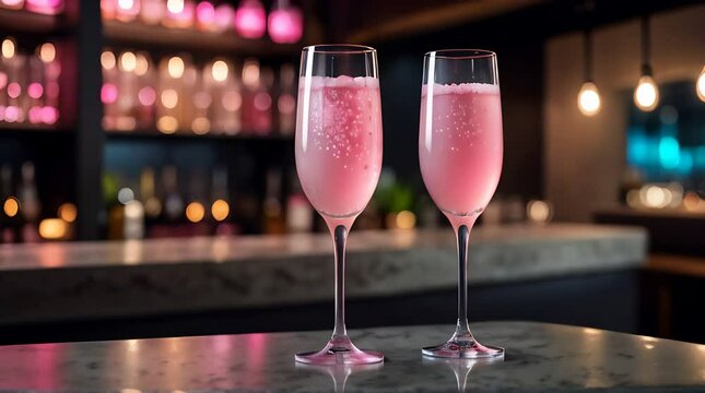 Bubbly pink champagne, alcohol, dark modern bar, blurred lighted background, pink accent lights