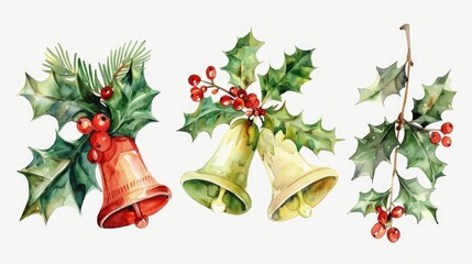 Festive painting of bells and holly leaves, suitable for holiday decorations