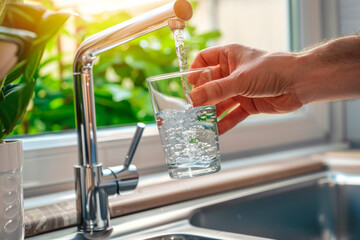 A hand filling a glass with clean tap water in the kitchen sink during the day - obrazy, fototapety, plakaty