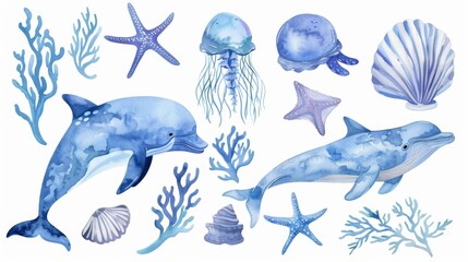 Colorful watercolor illustration of dolphins and other sea creatures. Ideal for marine-themed designs