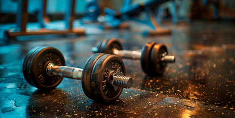 Early Morning Workout Scene With Dumbbells on a Sweat-Speckled Gym Floor - obrazy, fototapety, plakaty