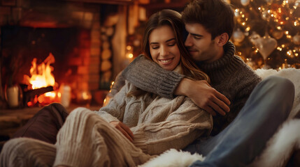 Young man and woman hugging near the fireplace. Young couple in love, happy husband and wife together in a warm cabin room interior. Cozy apartment indoor, relaxation on vacation - Powered by Adobe