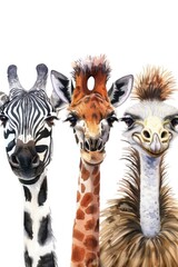 Group of three giraffes and an ostrich standing together. Suitable for wildlife and animal themes - obrazy, fototapety, plakaty