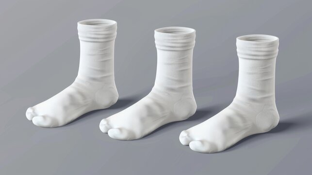 Blank socks of different heights 3D mockup. Illustration of flat lying feet with low and mid toes. Simple fabric clothes shoe template.