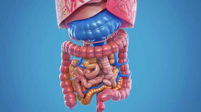 Human digestive system anatomy with descriptions of the corresponding internal parts. A flat modern illustration on a white background.