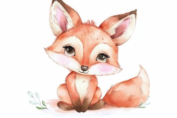 Naklejka premium Adorable watercolor painting of a cute little fox, perfect for children's books or wildlife illustrations