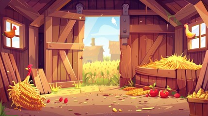 Inside a farm barn, there is a chicken and egg, hay in stacks and corn on the floor, and ripe tomatoes in boxes. Clipart modern ranch shed interior featuring hens and agriculture elements. - obrazy, fototapety, plakaty
